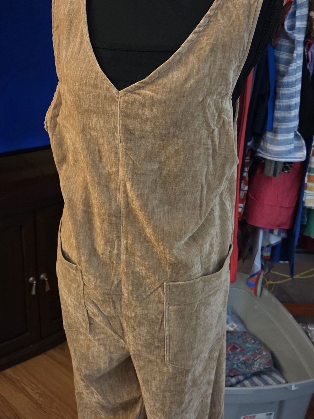 JODIFL Tan Corduroy V-Neck Pocket Jumpsuit